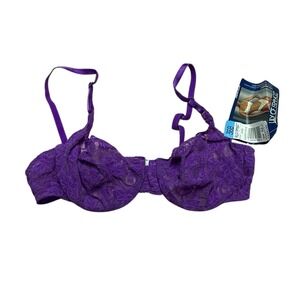 Vintage Lily of France Purple Sheer Lace Bra 36B Demi Cup 80s 90s Lingerie NOS